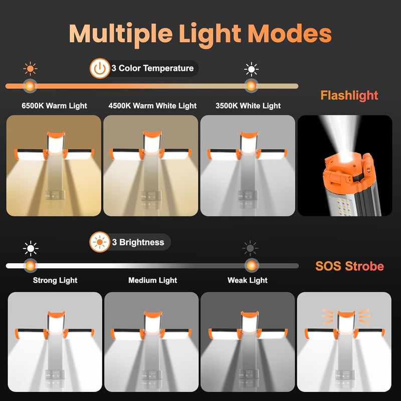 CAVN Rechargeable Camping Lights with Stand 6.5 ft Max Height, Portable Cordless LED Work Light 2200 Lumens 6500/4500/3500K Dimmable Camping Essentials Gear with Detachable Tripod, Orange - Image 3